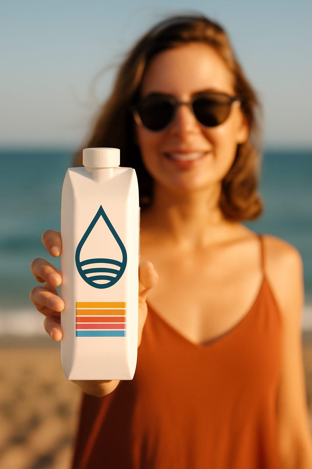 Tourist holding HOT BCN COOL WATER carton at Barcelona beach